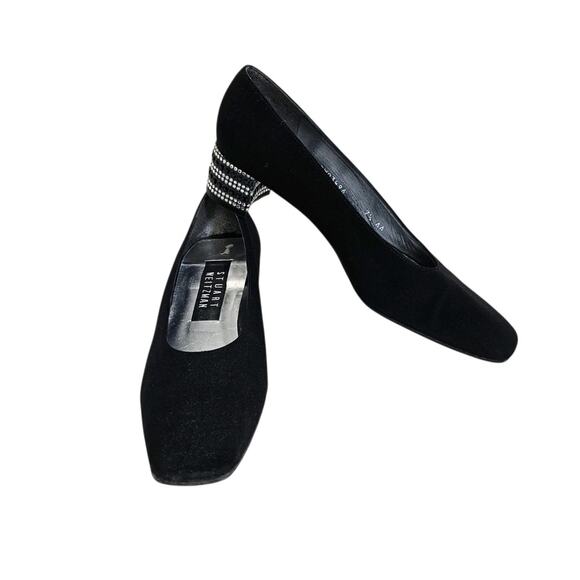 Stuart Weitzman Black Satin Crystal Embellished Block Heels Size 7.5 AA - Picture 1 of 15